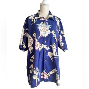 Vintage Bluewater Wear Hawaiian shirt Pinup floral Blue Large Cruise Alo…